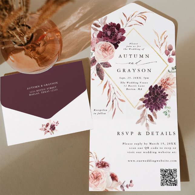 Autumn Romance Gold Geometric Wedding QR Code All In One Invitation (Inside & Back)