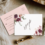 Autumn Romance Watercolor Floral Wedding RSVP Postcard<br><div class="desc">This wedding rsvp postcard features watercolor flower bouquets of dahlias,  garden roses,  and peony in burgundy red,  maroon,  blush pink over fall leaves. For more advanced customisation of this design,  please click the BLUE DESIGN TOOL BUTTON. Matching items are also available.</div>