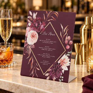 Autumn Romance Wedding Bar Menu Burgundy Pedestal Sign