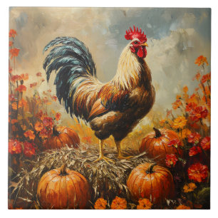 Autumn Rooster with Pumpkins Ceramic Tile