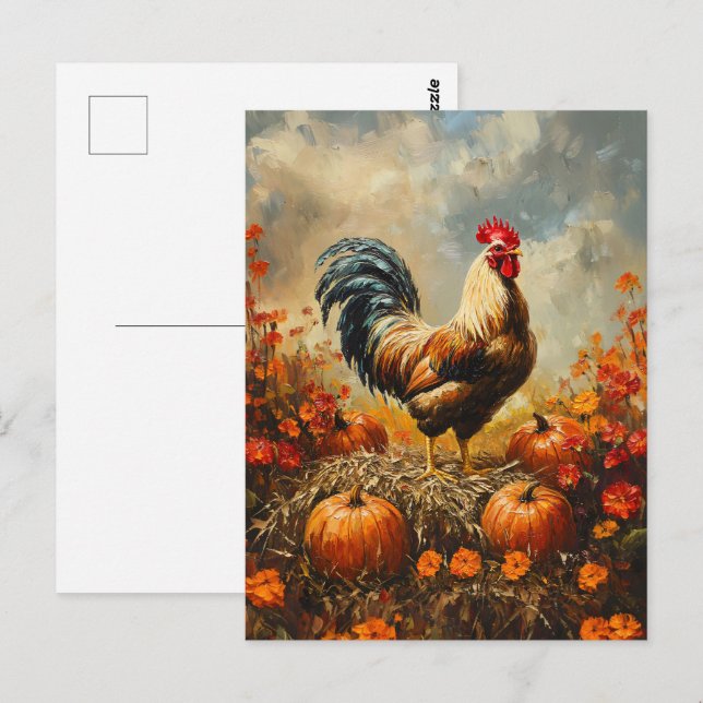 Autumn Rooster with Pumpkins Postcard (Front/Back)