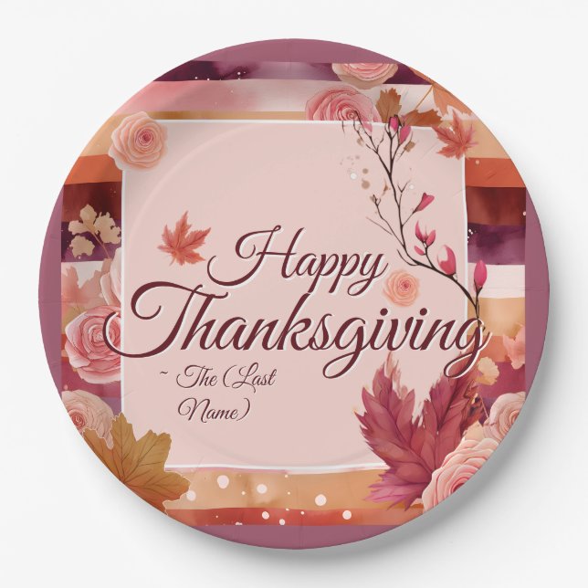 Autumn Rose Happy Thanksgiving Paper Napkin Plate (Front)