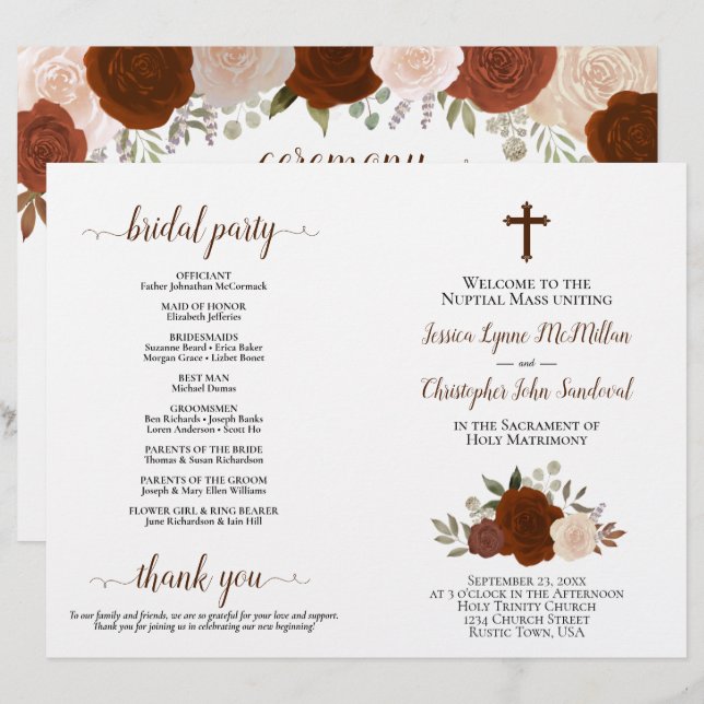 Autumn Roses DIY Fold Catholic Wedding Program (Front/Back)