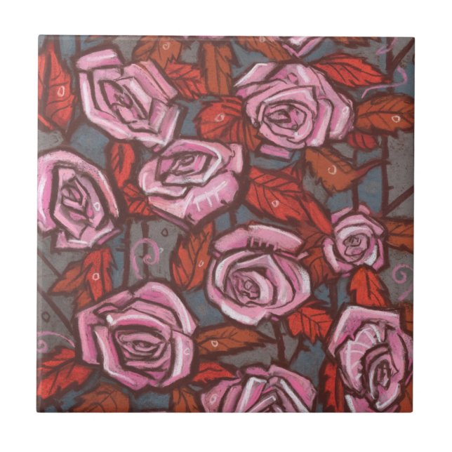 Autumn Roses Floral Art Rustic Flowers Pink Orange Ceramic Tile (Front)