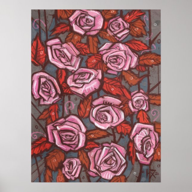 Autumn Roses Floral Art Rustic Flowers Pink Orange Poster (Front)