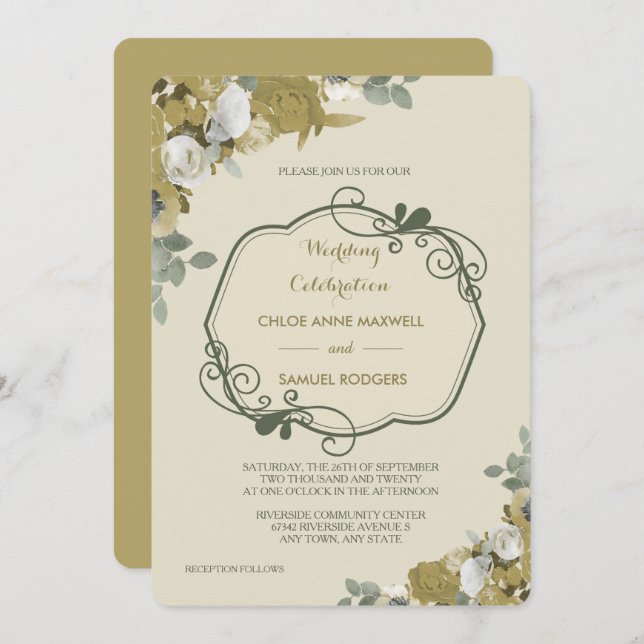 Autumn Roses in Gold and Silver Wedding Invitation (Front/Back)