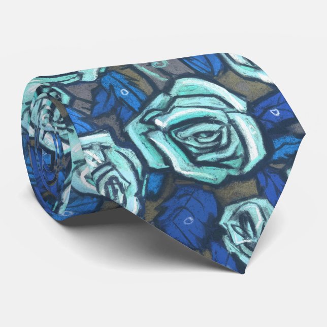 Autumn Roses Retro Floral Pattern Blue Grey Mint Tie (Rolled)