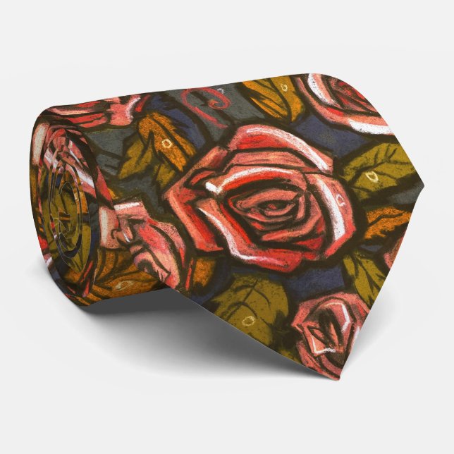 Autumn Roses Retro Floral Pattern Orange Olive  Tie (Rolled)