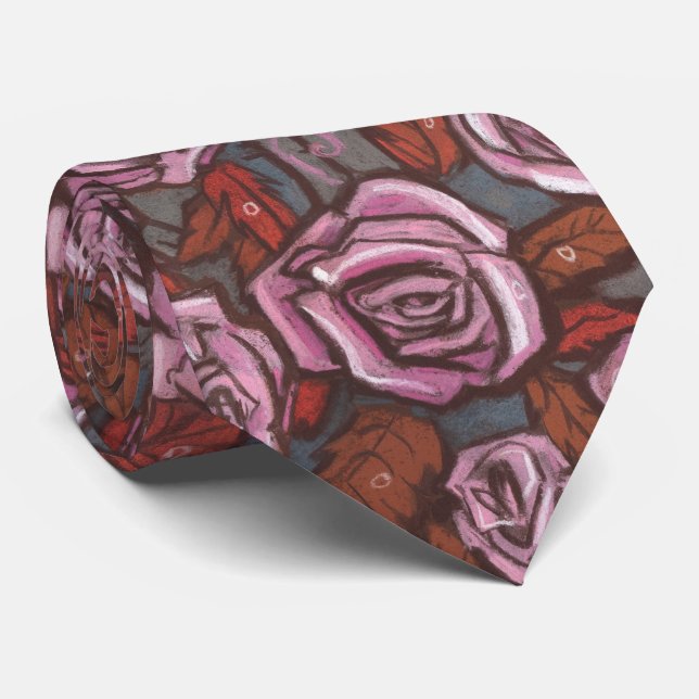 Autumn Roses Retro Floral Pattern Pink Grey Brown Tie (Rolled)