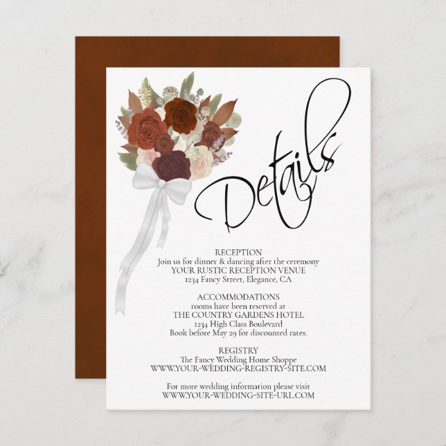 Autumn Roses Rust Orange Bouquet Wedding Details Enclosure Card (Front/Back)