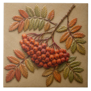 Autumn Rowan Berries and Leaves Ceramic Tile