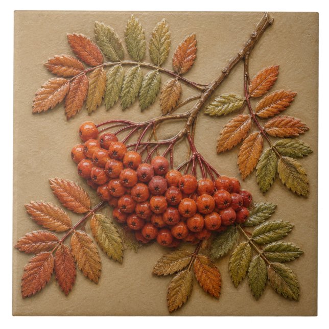 Autumn Rowan Berries and Leaves Ceramic Tile (Front)