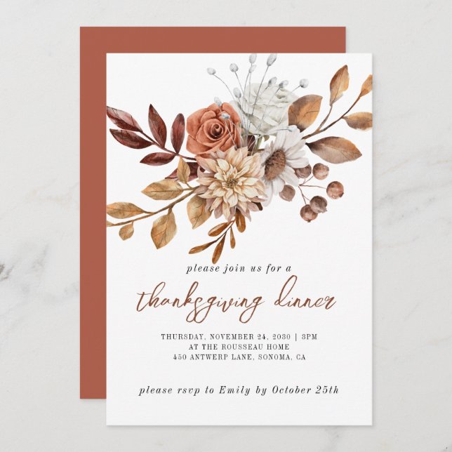 Autumn Rust Floral Thanksgiving Invitation (Front/Back)