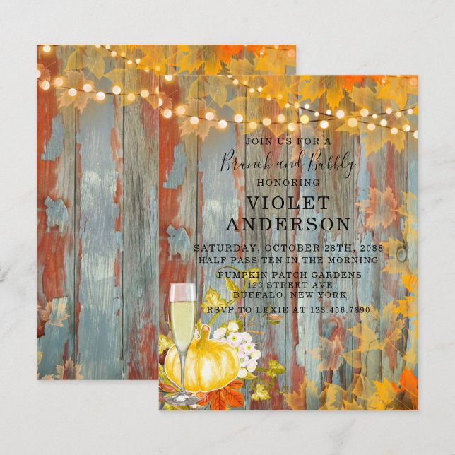 Autumn Rust Lights Brunch and Bubbly Invitations  (Front/Back)
