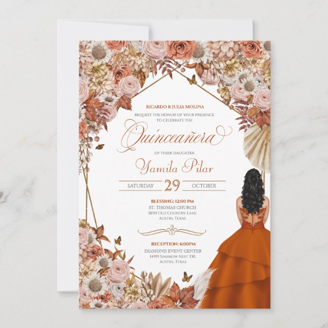 Autumn Rust Orange Leaves Quinceanera Invitation (Front)