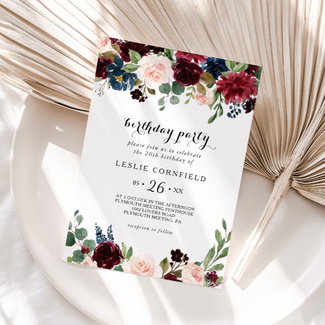 Autumn Rustic Burgundy 20th Birthday Party Invitation (Creator Uploaded)