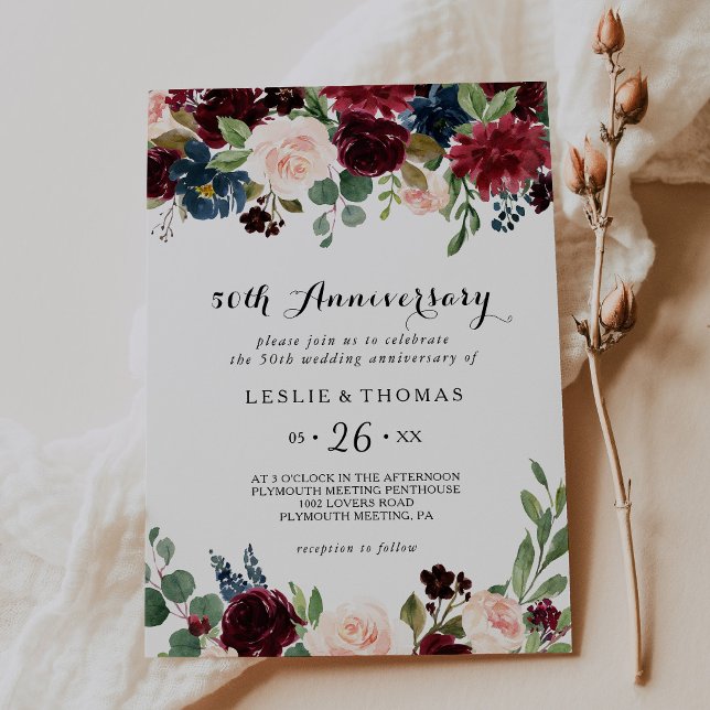 Autumn Rustic Burgundy 50TH Wedding Anniversary Invitation (Creator Uploaded)