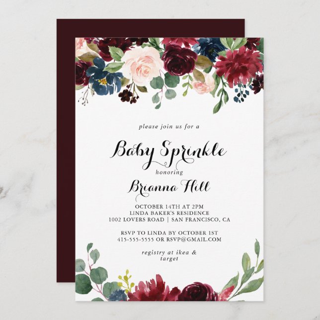 Autumn Rustic Burgundy Calligraphy Baby Sprinkle Invitation (Front/Back)
