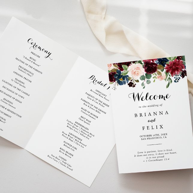 Autumn Rustic Burgundy Calligraphy Folded Wedding Program (Creator Uploaded)