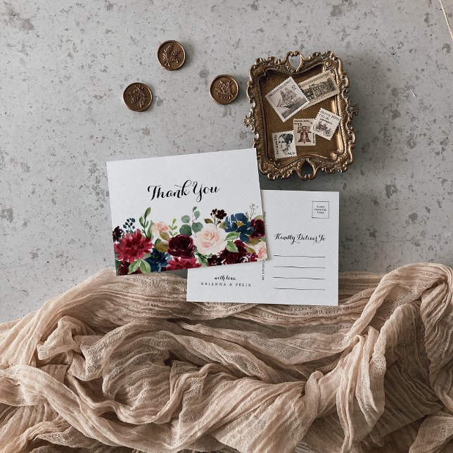 Autumn Rustic Burgundy Calligraphy Thank You Postcard (Creator Uploaded)