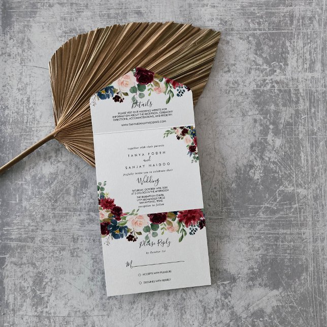 Autumn Rustic Burgundy Calligraphy Wedding  All In One Invitation (Creator Uploaded)
