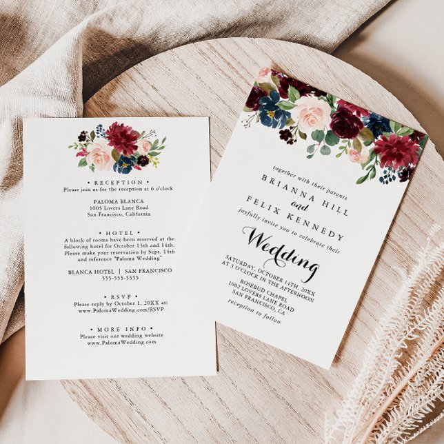 Autumn Rustic Burgundy Floral Front & Back Wedding Invitation (Creator Uploaded)