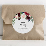 Autumn Rustic Burgundy Sip Sip Hooray Wedding Classic Round Sticker<br><div class="desc">This autumn rustic burgundy sip sip hooray wedding classic round sticker is perfect for a simple wedding. The design features burgundy,  red,  navy,  blue and blush radiant and graceful hand-painted flowers,  inspiring natural beauty.</div>