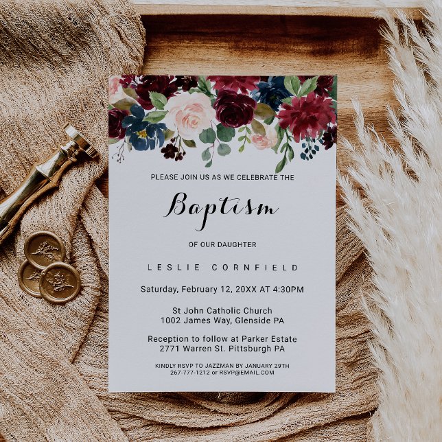 Autumn Rustic Dazzling Burgundy Baptism Invitation (Creator Uploaded)
