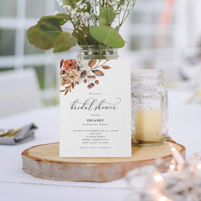 Autumn Rustic Floral, Bridal Shower Invitation (Autumn Beauty: Watercolor Blooms and Fall Leaves )