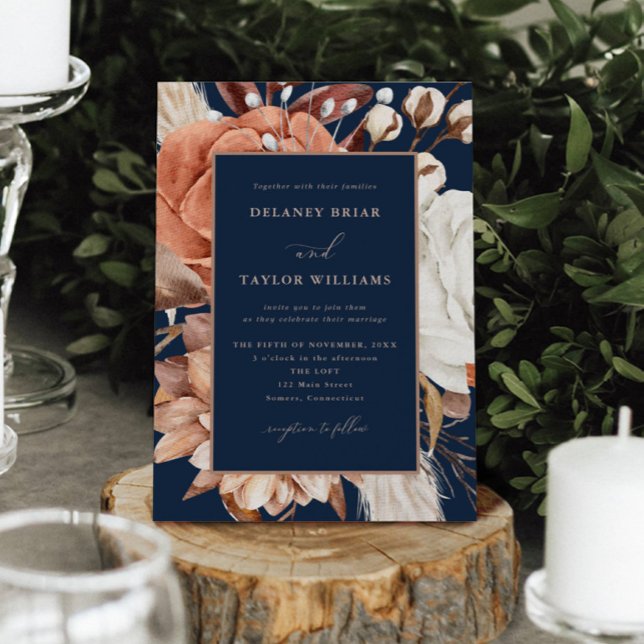 Autumn Rustic Floral, Framed Blue Dark Wedding Invitation (Autumn Beauty: Watercolor Blooms and Fall Leaves )