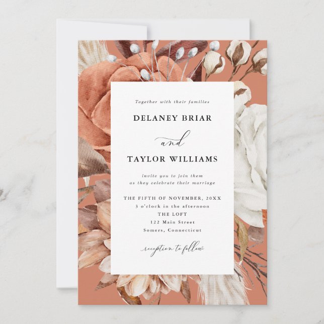 Autumn Rustic Floral, Framed Terracotta Wedding Invitation (Front)