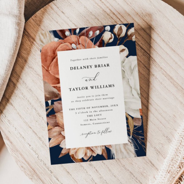 Autumn Rustic Floral, Navy Blue Wedding Invitation (Autumn Beauty: Watercolor Blooms and Fall Leaves )