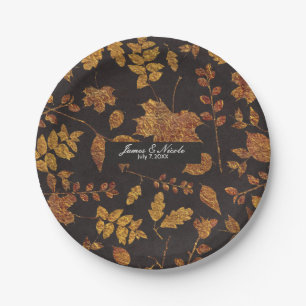 Autumn Rustic Golden Leaves Elegant Wedding Paper Plate