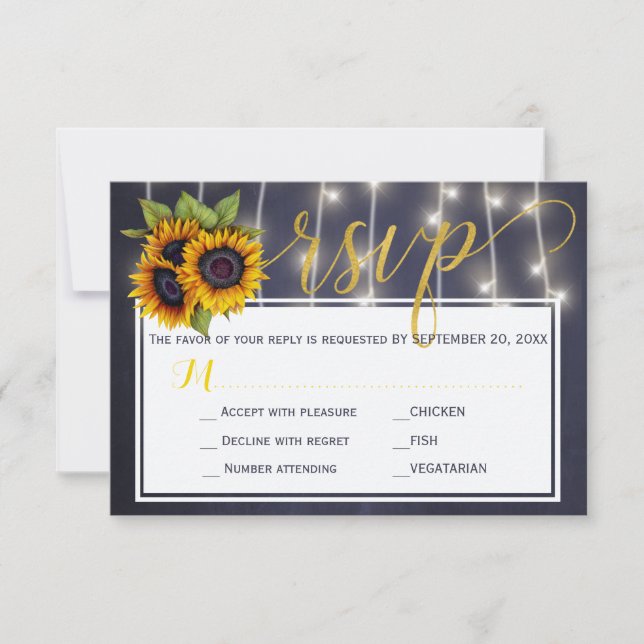 Autumn rustic navy sunflowers wedding script rsvp card (Front)