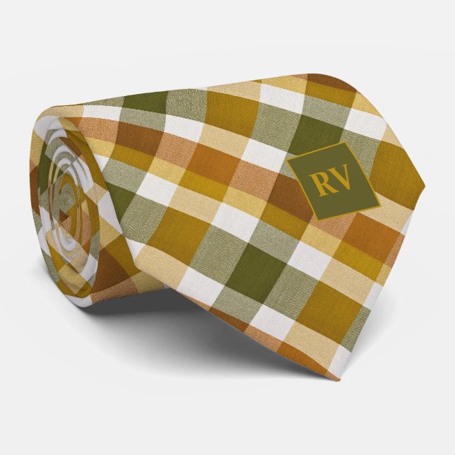 Autumn Rustic Orange Plaid Fall Monogrammed Tie (Rolled)
