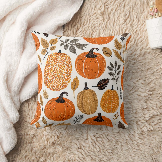 Autumn Rustic Orange Pumpkins Foliage Pattern Cushion (Blanket)