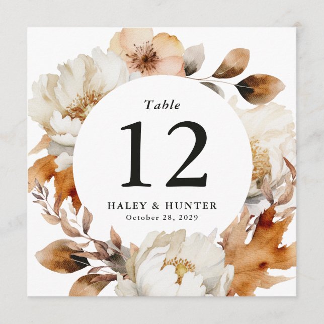 Autumn Rustic Watercolor Floral Table Numbers (Front)
