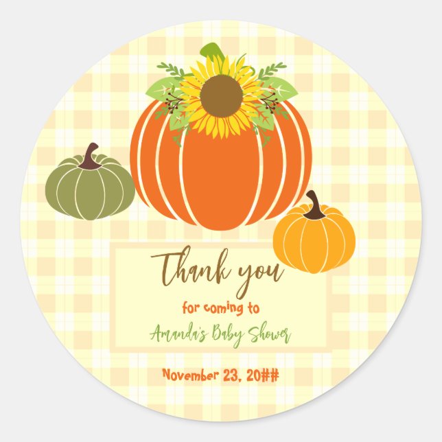 Autumn Rustic Yellow Pumpkin Sunflower Baby Shower Classic Round Sticker (Front)