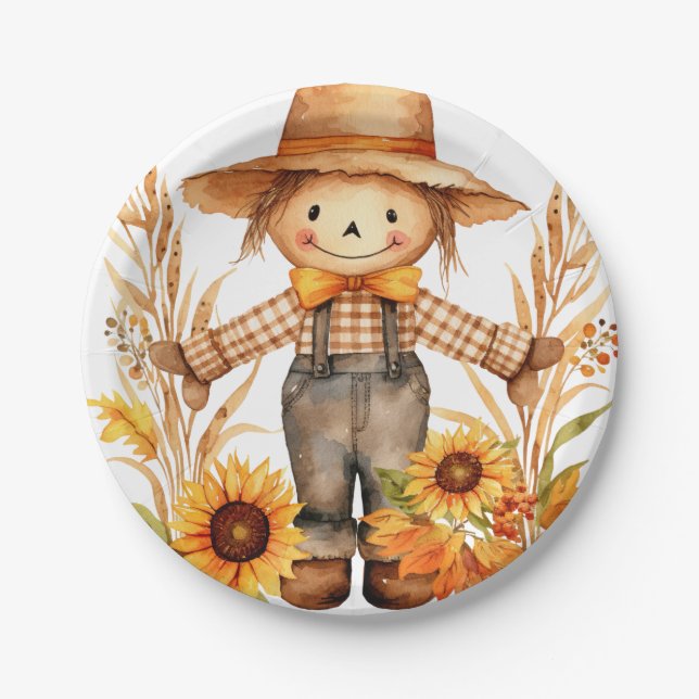 Autumn Scarecrow Paper Plates, Sunflowers Paper Plate (Front)