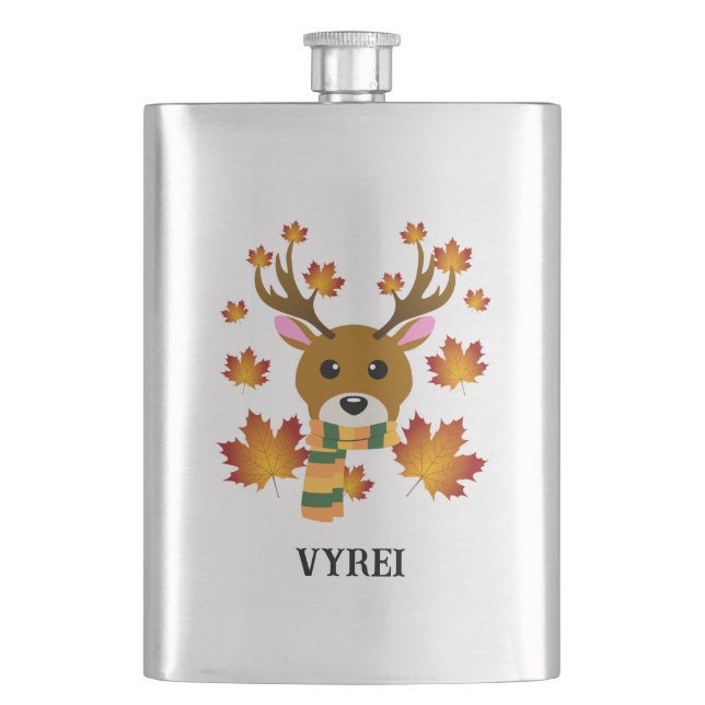 Autumn Scarf Deer Maple Leaves Hip Flask (Front)