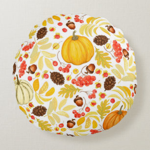 Autumn seamless background with pumpkins, acorns, round cushion