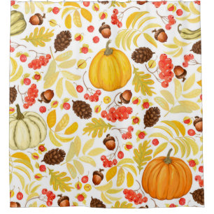 Autumn seamless background with pumpkins, acorns, shower curtain