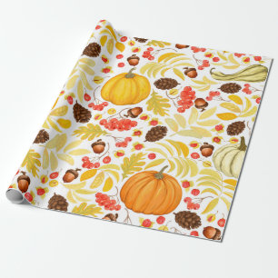 Autumn seamless background with pumpkins, acorns, wrapping paper