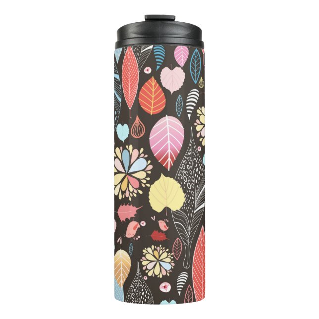 Autumn seamless pattern with colourful leaves and  thermal tumbler (Front)