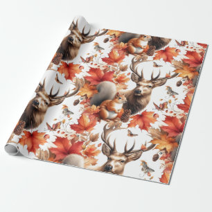Autumn Season Orange Leaves and Deer  Wrapping Paper