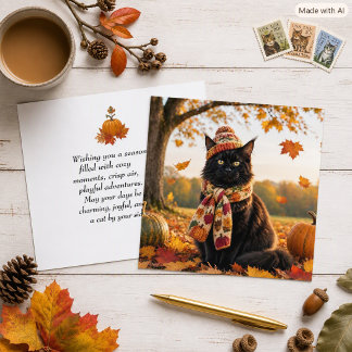 Autumn Season Orange Leaves Black Cat Greeting Card