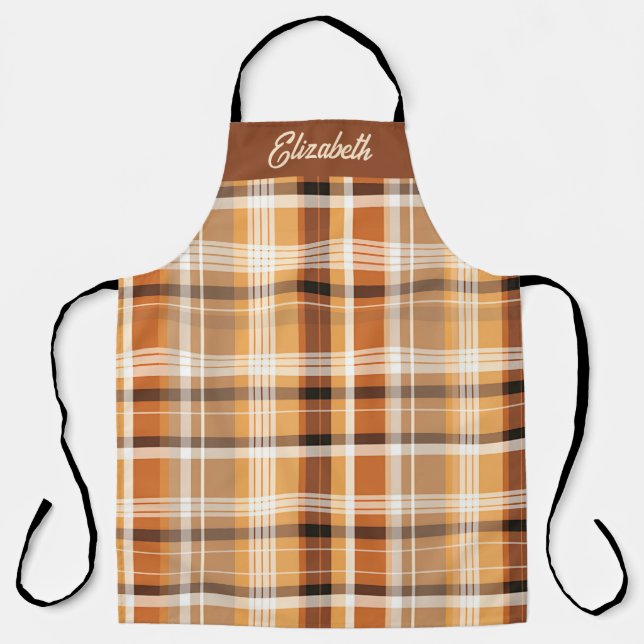Autumn Season Plaid Pattern Apron with Custom Name (Front)