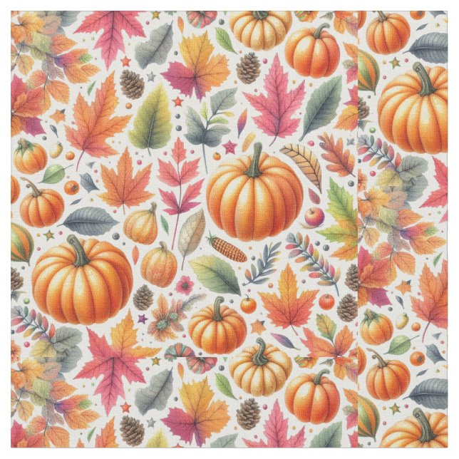 Autumn Season Pumpkin  Pattern on White  Fabric (Close Up)