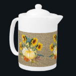 Autumn Season Pumpkin Sunflower on Burlap Teapot<br><div class="desc">Accent the decor of your kitchen with this autumn harvest on burlap teapot  This seasonal design will go with your autumn and Thanksgiving kitchen decor.</div>