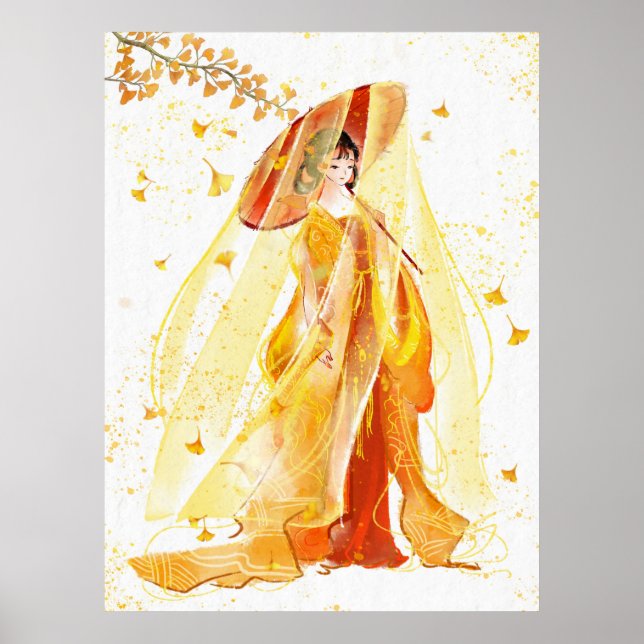 Autumn Serenity: Japanese Geisha Watercolor Poster (Front)